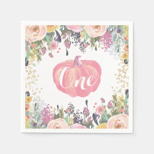 Pompoen eerste verjaardag Floral Gold Glitter Servet (Voorkant)