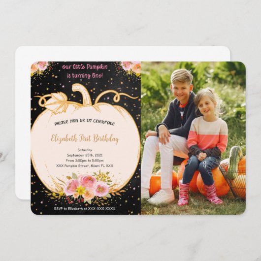 Pompoen eerste verjaardag foto uitnodiging (Voorkant / Achterkant)