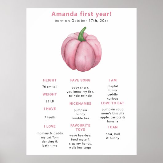Pompoen eerste verjaardag mijlpaal verjaardag poster (Voorkant)