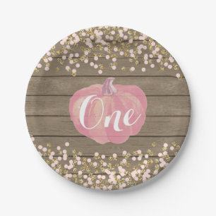 Pompoen Eerste Verjaardag Roze en Goud Papier Bord