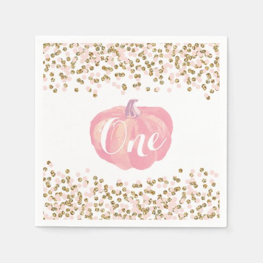 Pompoen eerste verjaardag roze en gouden glitter servet (Voorkant)