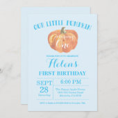 Pompoen eerste verjaardag uitnodiging blauw (Voorkant / Achterkant)