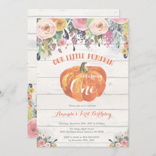 Pompoen Eerste Verjaardag Uitnodiging Bloemen Rust (Voorkant / Achterkant)