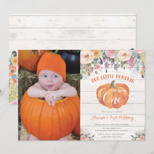 Pompoen Eerste Verjaardag Uitnodiging Bloemen Rust (Voorkant / Achterkant)