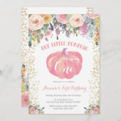 Pompoen eerste verjaardag uitnodiging Floral Gold (Voorkant / Achterkant)