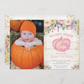 Pompoen eerste verjaardag uitnodiging Floral Gold (Voorkant / Achterkant)