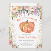 Pompoen eerste verjaardag uitnodiging Floral Gold (Voorkant / Achterkant)