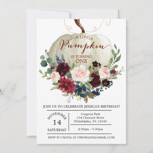 Pompoen eerste verjaardag uitnodiging - Herfst ver (Voorkant)