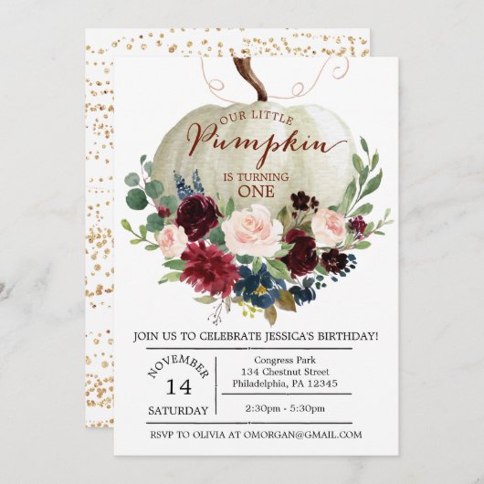 Pompoen eerste verjaardag uitnodiging - Herfst ver (Voorkant / Achterkant)