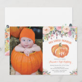 Pompoen eerste verjaardag uitnodiging roze bloem (Voorkant / Achterkant)