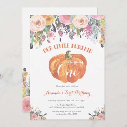 Pompoen eerste verjaardag uitnodiging roze bloem (Voorkant / Achterkant)