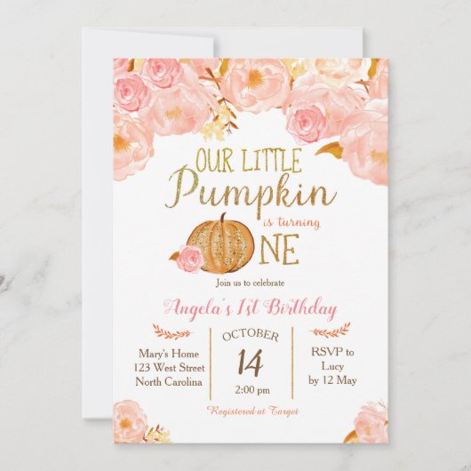 Pompoen eerste verjaardag uitnodiging roze perzik (Voorkant)