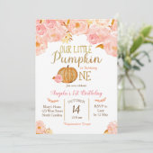 Pompoen eerste verjaardag uitnodiging roze perzik (Staand voorkant)