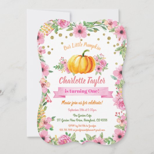 Pompoen eerste verjaardagsfoto-uitnodiging roze kaart (Voorkant)