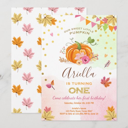 Pompoen Eerste verjaardagsuitnodiging Herfst Herfs Kaart (Voorkant / Achterkant)