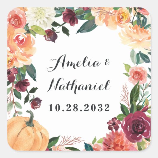 Pompoen Elegante Herfst Bloemen Rustieke Thema Bru Vierkante Sticker (Voorkant)