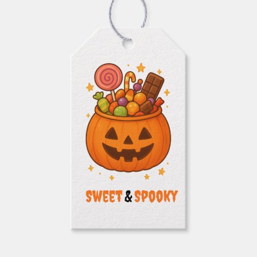 Pompoen Emmer Vol Zoetigheden - Halloween Cadeaulabel (Voorkant)