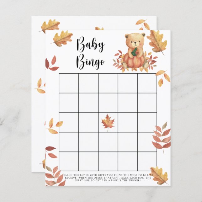 Pompoen en Beer - Baby shower bingo spel (Voorkant / Achterkant)