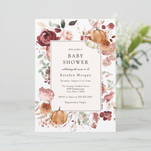 Pompoen en Bourgogne Bloemen Baby shower Kaart (Staand voorkant)