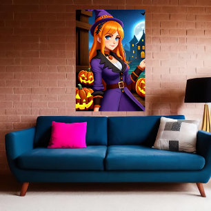 Pompoen en dame in paarse kleding AI Art Poster