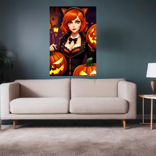 Pompoen en dame met kattenoren AI Art Poster