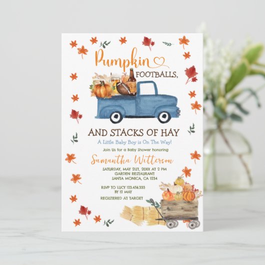 Pompoen en Football Autumn Leaves Boy Baby shower Kaart (Staand voorkant)