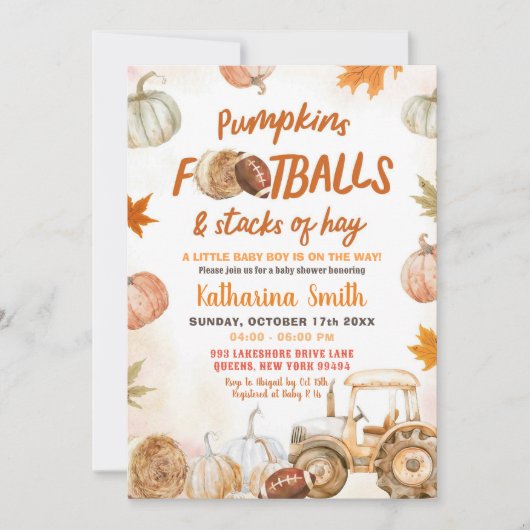 Pompoen en Footballs Tractor Boy Baby shower Kaart (Voorkant)