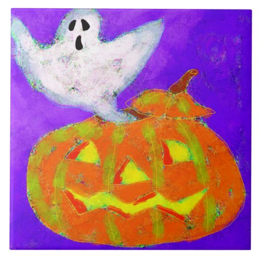 Pompoen en Geest Abstract Halloween Kunst Tegeltje (Voorkant)