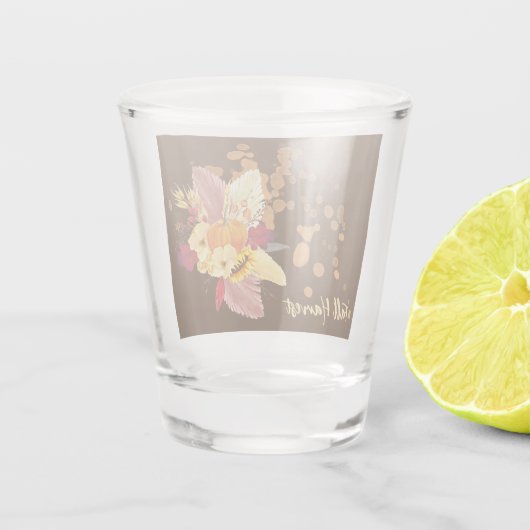 Pompoen en Herfst Bloemen Shot Glass Shot Glas (Achterkant)