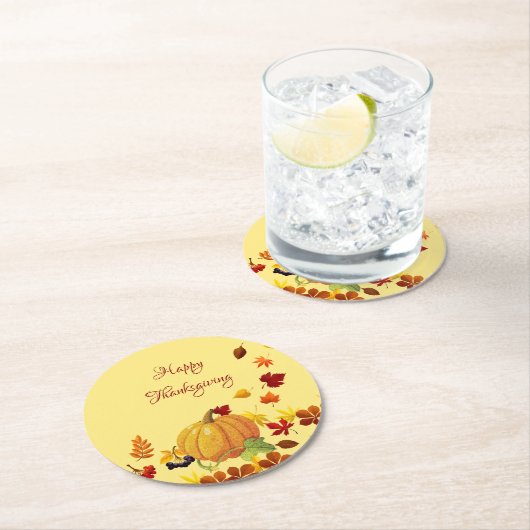 Pompoen en kleurrijke bladeren ronde kartonnen onderzetter (Insitu)