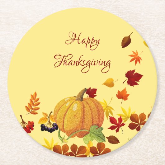 Pompoen en kleurrijke bladeren ronde kartonnen onderzetter (Voorkant)