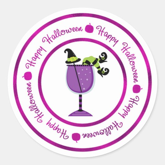 Pompoen en Paarse heks Cocktail Happy Halloween Ronde Sticker (Voorkant)