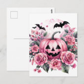 Pompoen en Rozen met vleermuizen Pinkoween Briefkaart (Voorkant / Achterkant)