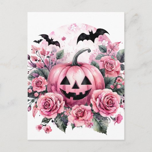 Pompoen en Rozen met vleermuizen Pinkoween Briefkaart (Voorkant)