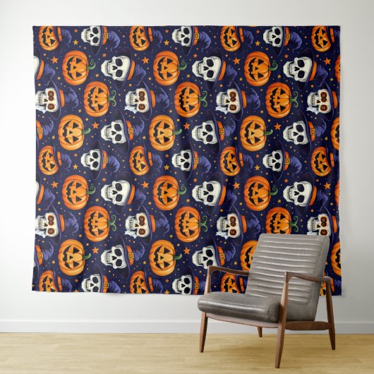 Pompoen en Schedel Patroon Tapestry – Spooky Gothi Wandkleed (In Situ (horizontaal))