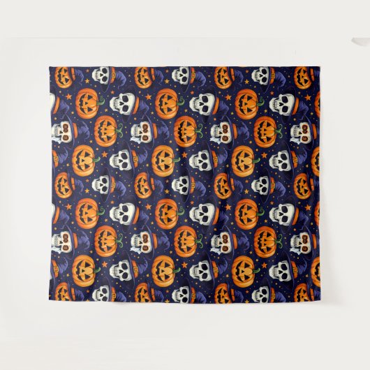 Pompoen en Schedel Patroon Tapestry – Spooky Gothi Wandkleed (Voorkant (horizontaal))