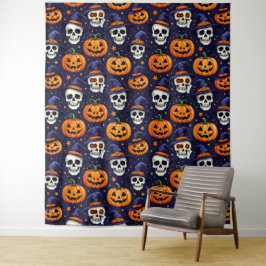 Pompoen en Schedel Patroon Tapestry – Spooky Gothi Wandkleed