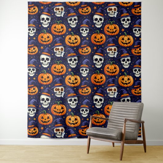 Pompoen en Schedel Patroon Tapestry – Spooky Gothi Wandkleed (In situ)