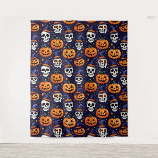 Pompoen en Schedel Patroon Tapestry – Spooky Gothi Wandkleed (Voorkant)
