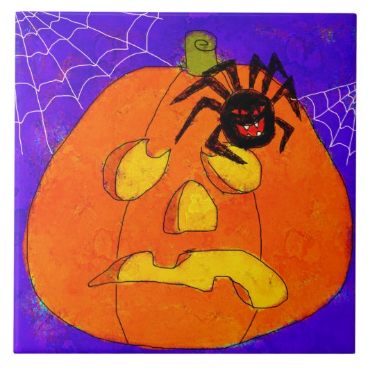 Pompoen en Spider Abstracte Halloween kunst Tegeltje (Voorkant)