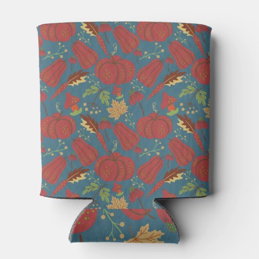 Pompoen en wortelen naadloos rood en blauw patroon blikjeskoeler (Achterkant)