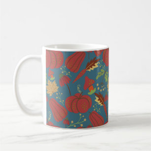 Pompoen en wortelen naadloos rood en blauw patroon koffiemok