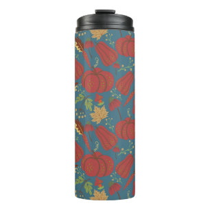 Pompoen en wortelen naadloos rood en blauw patroon thermosbeker