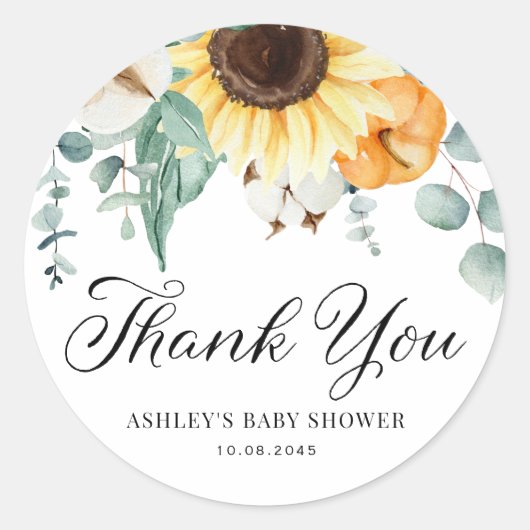 Pompoen en Zonnebloem Herfst Baby shower Dank u Ronde Sticker (Voorkant)