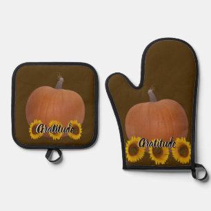 Pompoen en zonnebloemen Dankbaarheid Bruin Ovenwant & Pannenlap Set