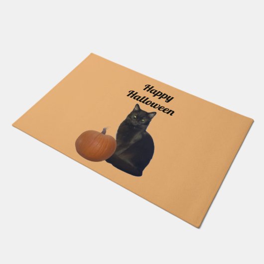 Pompoen en Zwarte Kat Happy Halloween Sinaasappel Deurmat (Schuin)