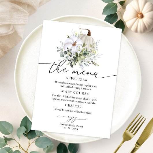 Pompoen Eucalyptus Herfst Bruiloft Menu Kaart