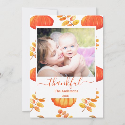 Pompoen Gelukkig Thanksgiving Foto Oranje Plaid  Feestdagenkaart (Voorkant)