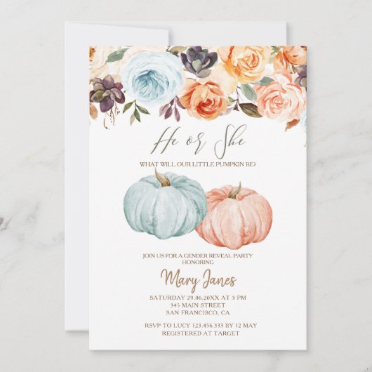 Pompoen Geslacht Onthullen Rustieke Bloemen Uitnod Kaart (Voorkant)