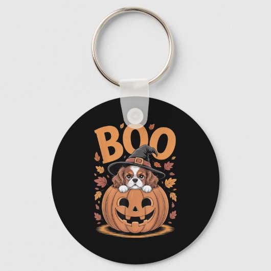 Pompoen Halloween Cavalier King Charles Spaniel Sleutelhanger (Voorkant)